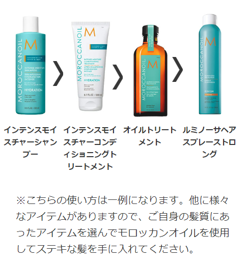 モロッカンオイルの使い方。シャンプーが最初。次にトリートメント。三番目はオイルトリートメント、最後にルミノーサヘアスプレーストロング